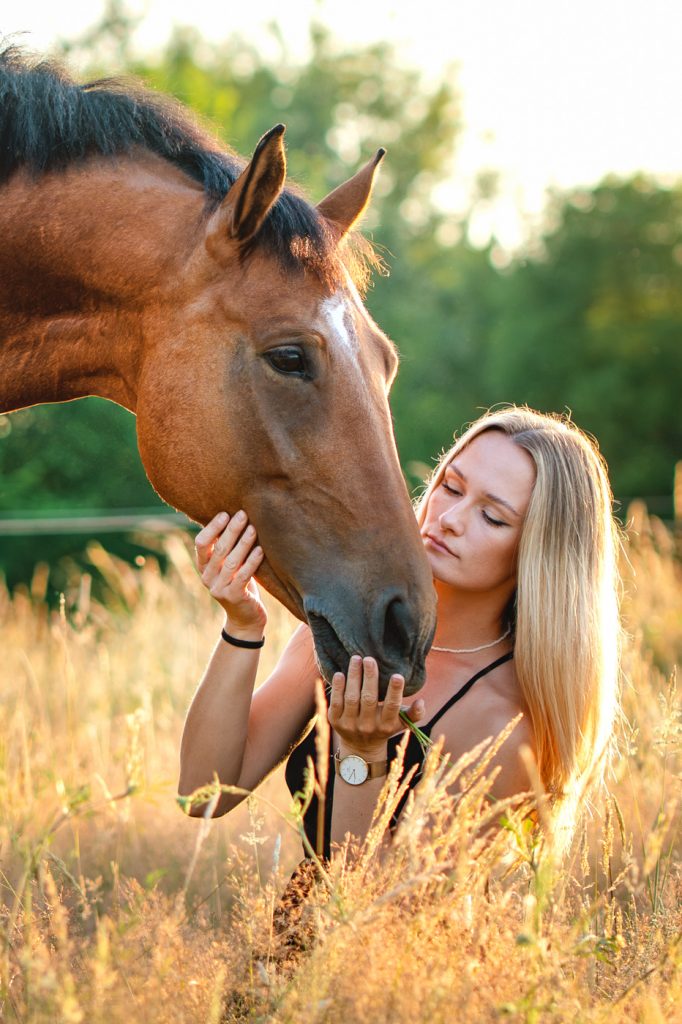 Fille avec son cheval au coucher du soleil, séance photo équestre lumineuse par Laetitia Canciani, photographe à Toulouse